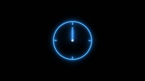 Abstract neon clock icon animation on black background.