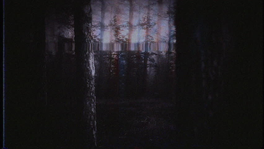 Captured distorted footage of a Bigfoot character walking in a dark forest scene.