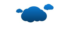 Blue cloud computing icon with various technology animated symbols hanging below representing different digital services.