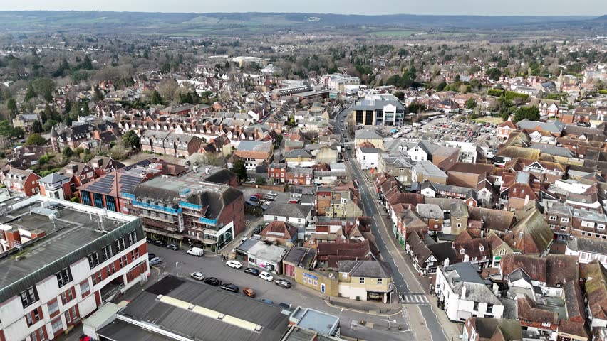 Descending drone,aerial Sevenoaks town Kent UK Royalty-Free Stock Footage #3459894309