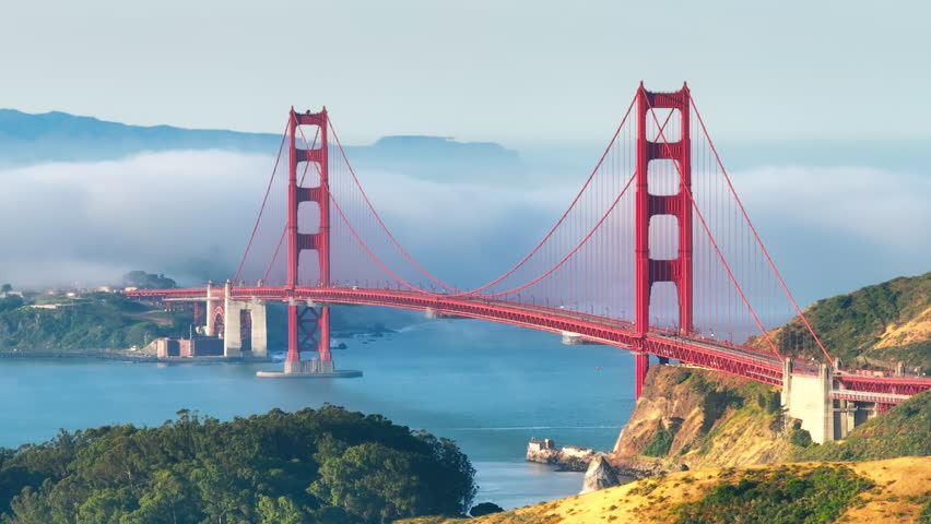 Zoom out travel collage California landmarks. Aerial Golden Gate Bridge in San Francisco. Los Angeles tourists attractions. Yosemite, Sequoia, Death Valley National parks. Malibu Santa Monica beaches Royalty-Free Stock Footage #3459894889