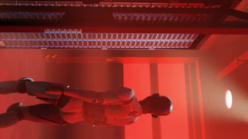 cyborg humanoid in to server internet hi tech room with red light alarm alert , artificial intelligence taking over in 3d rendering animation cybersecurity war 