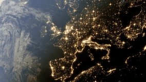 Animation of planet earth rotating with Europe light pollution map showing main capital city from the space, view from the space of solar system planet earth  - Powered by Shutterstock - Get 15% off with code: PIKWIZARD15