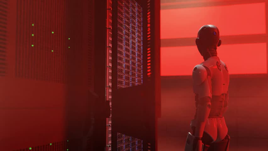 cyborg humanoid in to server internet hi tech red alarm room with red light alert dangerous security system artificial intelligence taking over in 3d rendering animation cybersecurity war 