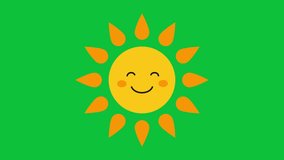Loop of cute cartoon sun with happy smiling face on green screen chroma key background 2d animation 4k motion graphics video clip in bright colors. Seamless looped animated summer weather icon.