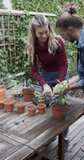 Vertical video of happy diverse couple planting seeds in garden, slow motion. Relationship, togetherness, gardening, hobbies, lifestyle and nature, unaltered.