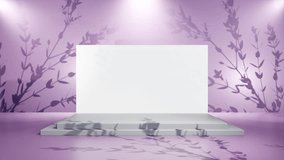 Banner mockup with white screen on podium with purple background and branch shadows