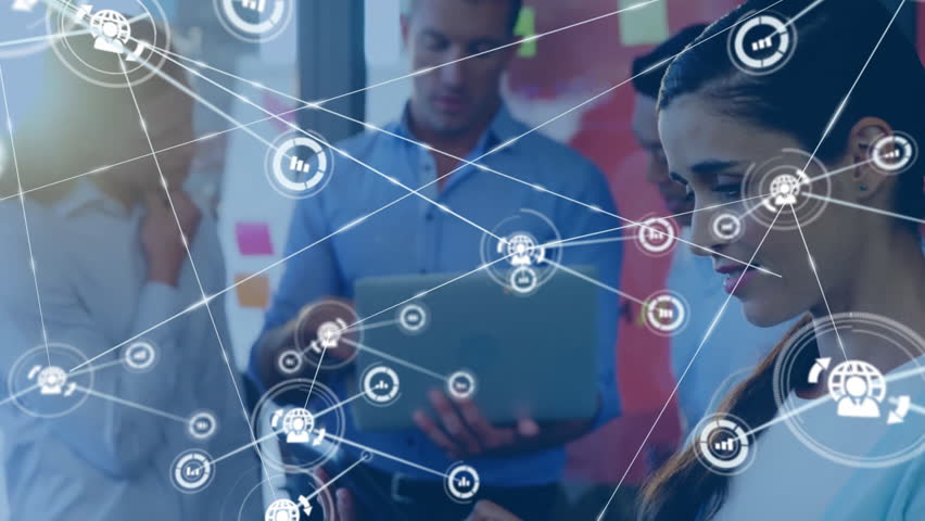 Animation of network of connections with icons over diverse business people in office. Global finance, business, connections, computing and data processing concept digitally generated video. - Powered by Shutterstock - Get 15% off with code: PIKWIZARD15