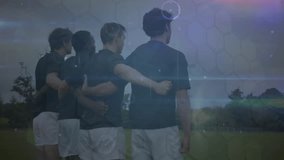 Animation of network of connections over diverse rugby players. Global sports, connections, computing and data processing concept digitally generated video.