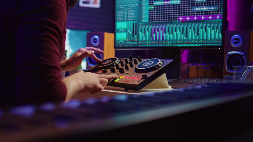 Experienced audio engineer uses mixing board to create new song in recording home studio. Post production equipment and tools on computer, operates digital audio workstation software. Camera B. Royalty-Free Stock Footage #3460071561
