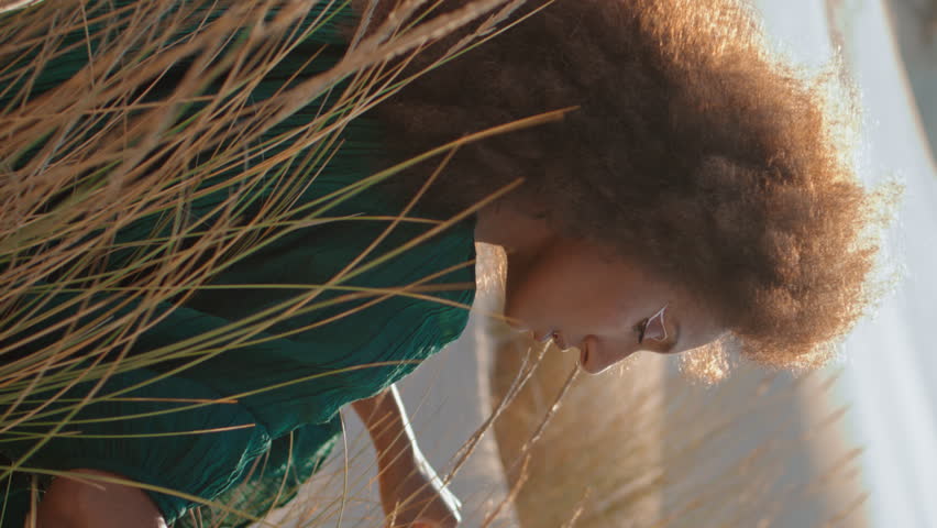 Dreamy young woman enjoy desert nature on sand touching dry grass swaying wind vertical closeup. African american girl wearing black dress relaxing under soft summer sunlight near dunes wilderness