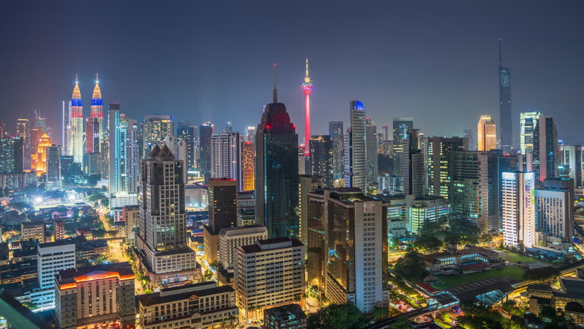 Time-lapse Aerial view of Kuala city Lumpur, Malaysia and traffic at night