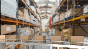 Animation of scope scanning with data processing over boxes on conveyor belt in warehouse. Global shipping, delivery, finances and digital interface concept digitally generated video. - Powered by Shutterstock - Get 15% off with code: PIKWIZARD15