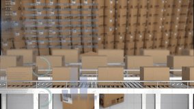 Animation of financial data processing over boxes on conveyor belt in warehouse. Global shipping, delivery, finances and digital interface concept digitally generated video. - Powered by Shutterstock - Get 15% off with code: PIKWIZARD15