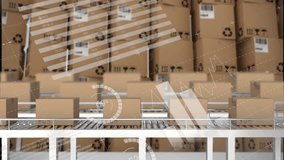Animation of financial data processing over boxes on conveyor belt in warehouse. Global shipping, delivery, finances and digital interface concept digitally generated video. - Powered by Shutterstock - Get 15% off with code: PIKWIZARD15