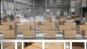Animation of data processing over boxes on conveyor belt in warehouse. Global shipping, delivery, finances and digital interface concept digitally generated video. - Powered by Shutterstock - Get 15% off with code: PIKWIZARD15