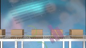 Animation of financial data processing over boxes on conveyor belt. Global shipping, delivery, finances and digital interface concept digitally generated video. - Powered by Shutterstock - Get 15% off with code: PIKWIZARD15