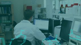 Animation of chemical formula and data processing over caucasian scientist using computer in lab. Global science, computing and digital interface concept digitally generated video. - Powered by Shutterstock - Get 15% off with code: PIKWIZARD15