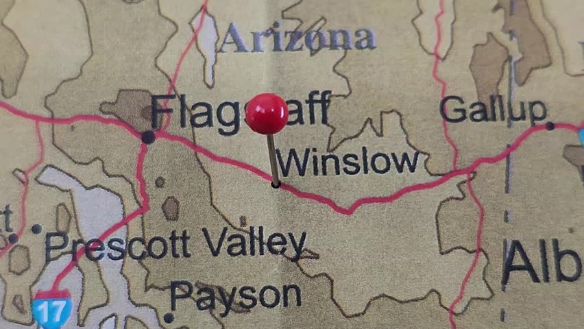 Winslow, Arizona map marked by a red tack. The City of Winslow is located in Navajo County, AZ.