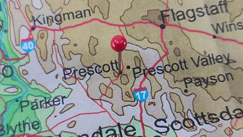 Prescott, Arizona map marked by a red tack. The City of Prescott is the county seat of Yavapai County, AZ.
