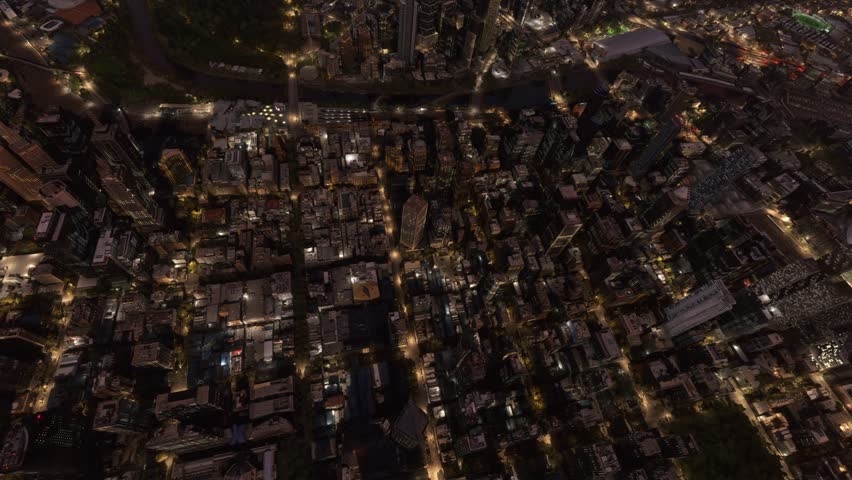 3D - Top aerial dusk drone view of the city of Melbourne overlooking Queensbridge. Australia