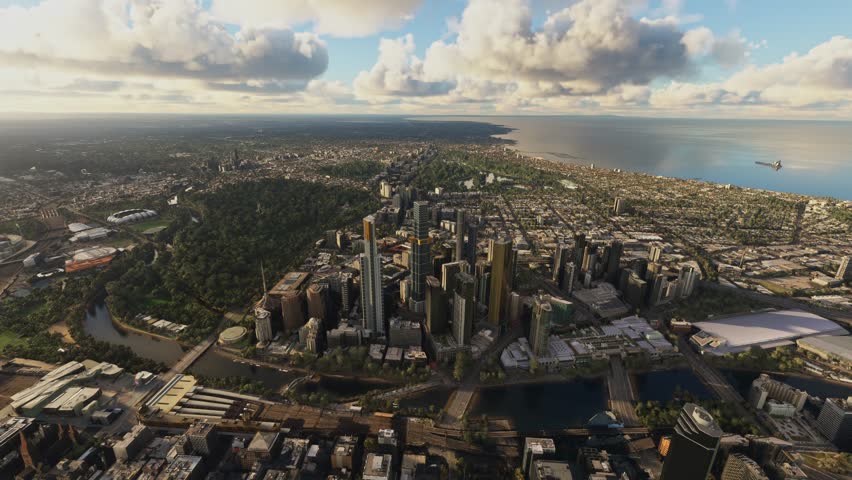 3D - Circular aerial drone view of Melbourne city overlooking Queensbridge. Australia