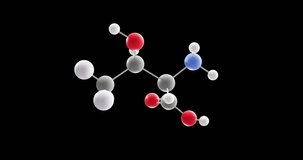 Threonine molecule, rotating 3D model of amino acid, looped video on a black background