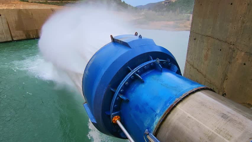 Water outlet from dam wall. Howell Bunger valve in operation. Pressurized water outlet from dam wall. Water flowing from pumping in reservoir.