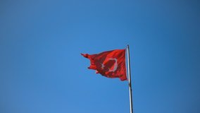 Turkish flag over blue sky in Istanbul, Turkey, slow motion, 240 fps (8x), hd 1080p video footage