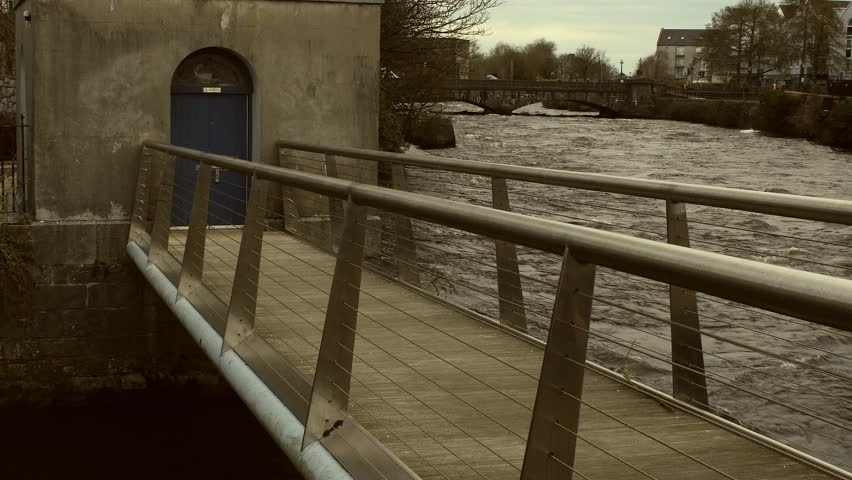 Tilt up shot of iconic Fisheries Tower in Galway City centre, Ireland