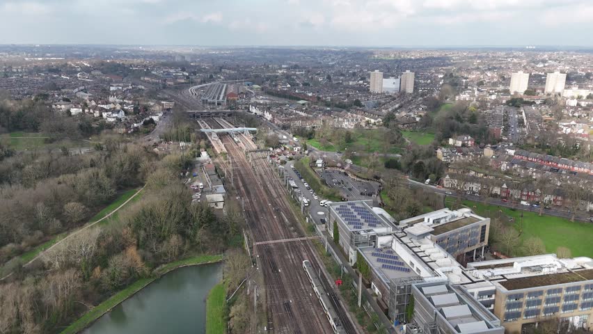 Train on Railway line Hornsey North London UK drone,aerial