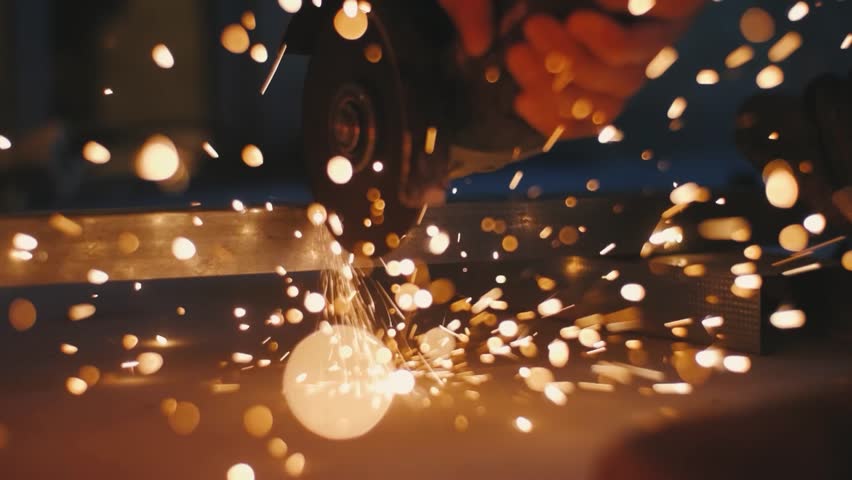 Man works circular saw. Sparks fly from hot metal. Man hard worked over the steel. Close-up slow motion shot in garage or workshop
