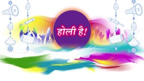 Colorful Holi elements with hindi calligraphy slow motion animation written hindi text means Holi Hai