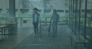 Animation of data processing with padlock icon over biracial male friends walking with bicycles. Global technology, online security and digital interface concept digitally generated video.