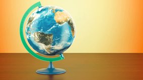 Geographical globe of planet Earth rotation, 3D rendering on the wooden table. Elements furnished by NASA.