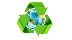 Recycling world concept. Recycle symbol rotating around the Earth Globe, 3D rendering. Elements furnished by NASA.