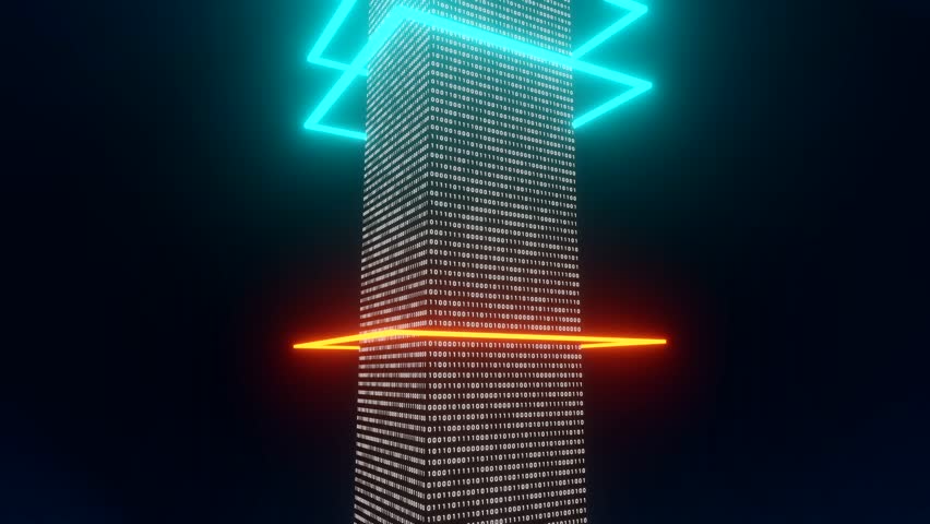Binary Code running on a pillar. Blue and orange rings moving up and down on the column. Abstract futuristic big data concept. Bit, bytes, digital bitcoin, crypto mining, computer network.