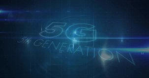 Animation of network of connections over 5g 5th generation text on black background. Global connections, technology, computing and digital interface concept digitally generated video.