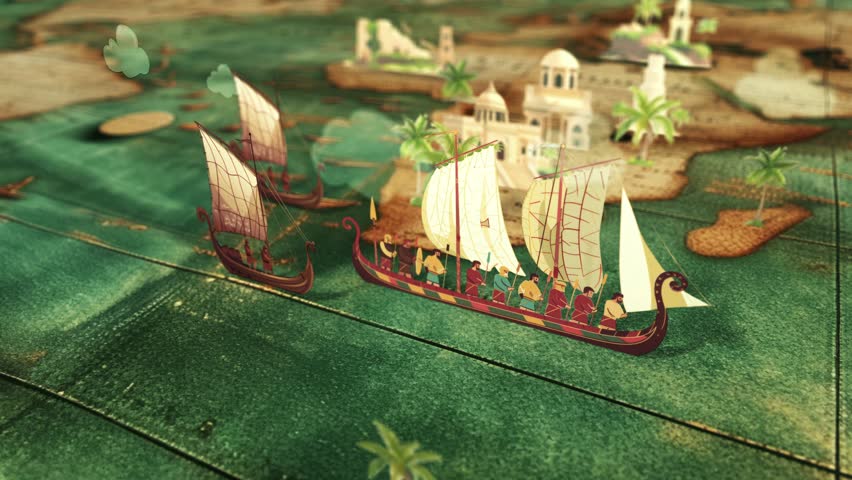Discovering New Lands by Sea. Historical Educational Concept 2D Video Animation about Conquest and Settlement by Seafarers