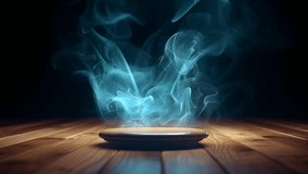 Creative interior concept. Abstract slow moving wispy cobalt blue turquoise smoke fog spotlight above wooden podium table background. Template product presentation. clip mov 4K HD motion
