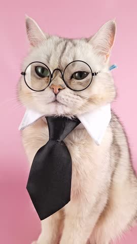 A cute white business cat in a black tie and glasses, sitting on a pink background