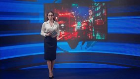 Female presenter in the studio. Woman news hosts presenting breaking event, reporting about catastrophe on air, tragedy scene graphic background at the back. - Powered by Shutterstock - Get 15% off with code: PIKWIZARD15
