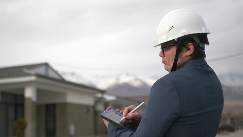 Boss engineer in grey suit and helmet standing outside among houses and takes notes in tablet. Reconstruction concept. Urban Development.