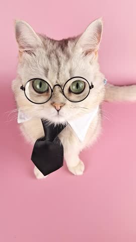Close up of cute white business cat in a black tie and glasses, sitting on a pink background, top view
