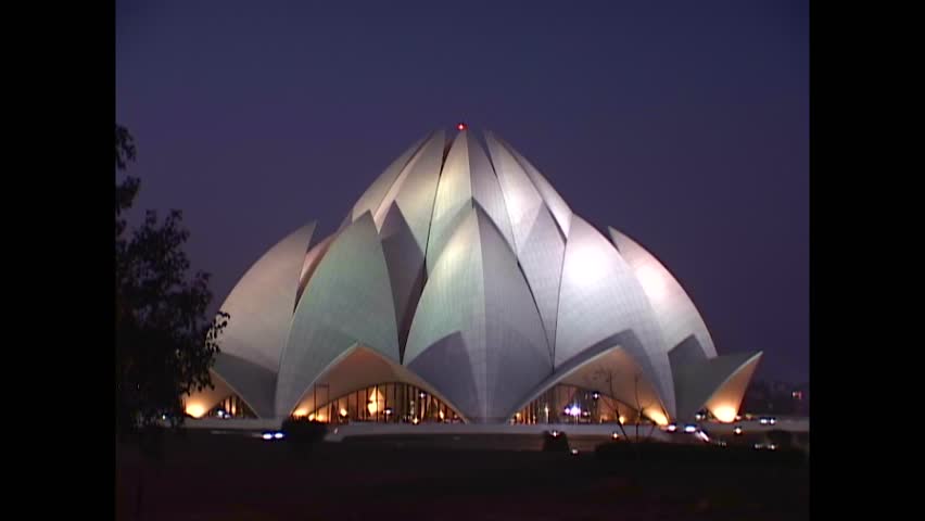 INDIA - 1999 - Exteriors of the Lotus Temple in New Delhi, India at night. Royalty-Free Stock Footage #3460607463