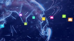 Animation of media icons and globe over blue background. Global business, technology and digital interface concept digitally generated video. - Powered by Shutterstock - Get 15% off with code: PIKWIZARD15