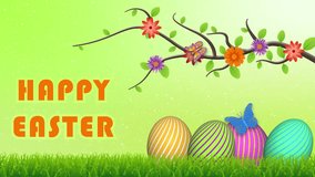 Happy easter greetings on decorated flower branch on green blur background with beautiful eggs and butterfly. - Powered by Shutterstock - Get 15% off with code: PIKWIZARD15
