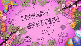 happy easter greetings animation. waving tree branches, flowers, animated beautiful butterfly and drawing in centre of footage. - Powered by Shutterstock - Get 15% off with code: PIKWIZARD15
