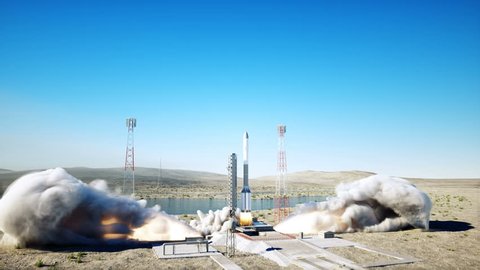 Rocket launch animation. Daylight. Space launch system. Realistic 4k animation.
