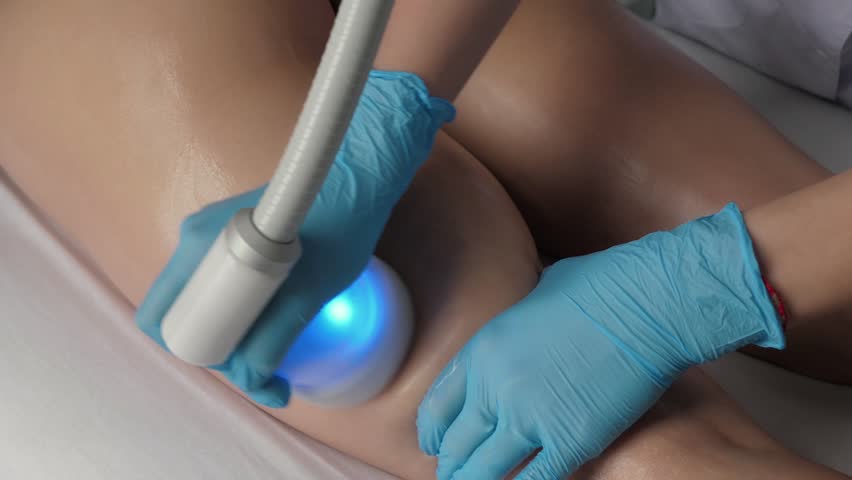 Hand of cosmetologist, anti-cellulite treatment, top view. Machine cosmetology. Anti-cellulite program form correction. Rf lifting procedure with vacuum massage of hips. Wellness body and skin care Royalty-Free Stock Footage #3460639901